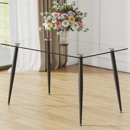 Modern Rectangular Glass Dining Table With Tempered Glass Top and Black Metal Legs for 4-6 People