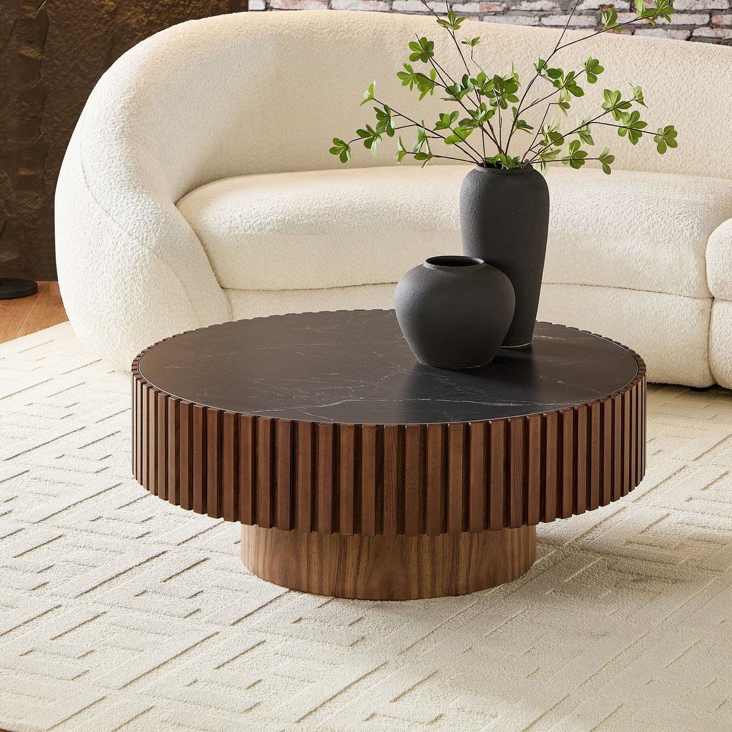 35.43'' Nesting Round Sintered Stone Tabletop Modern Drum Coffee Table Luxury Circle Coffee Table for Apartment Walnut