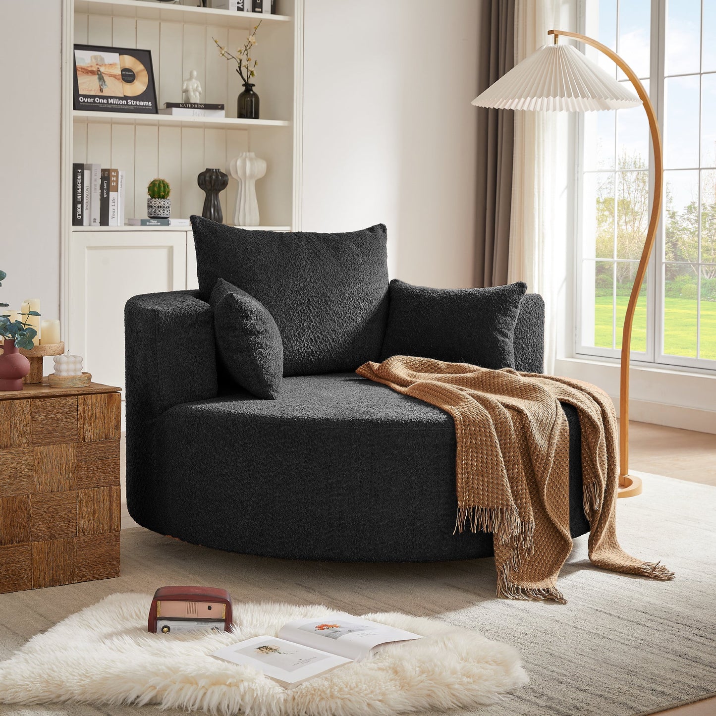 360° Swivel Accent Barrel Chair With Removable Pillows, Black Chenille, 56.3x56.3x36.5 Inches