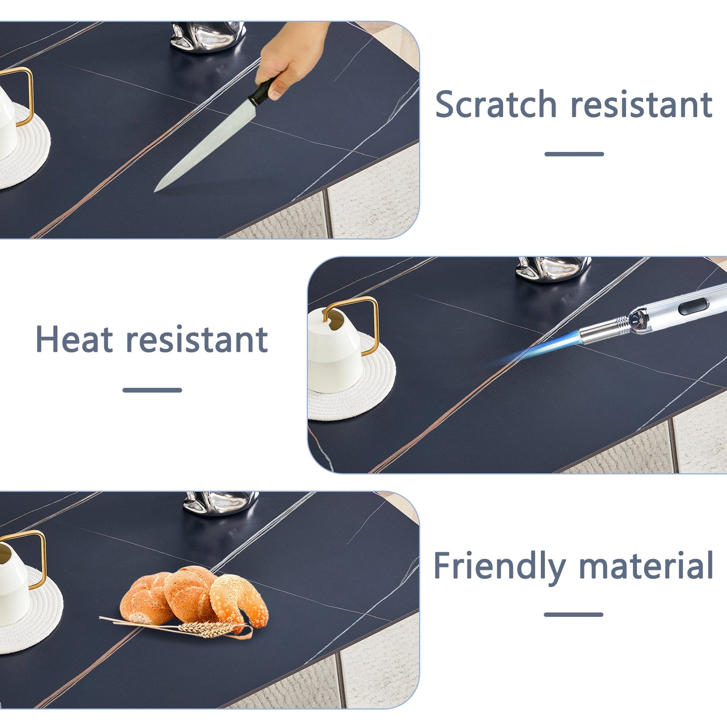 Table and Chair Set.63'x31.5x30' Black Marble-Patterned Slabs Tabletop With Stainless Steel Butterfly Legs.Paried With 6