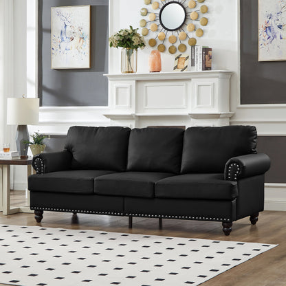 83' Modern Classic Design With Nails Living Room Sofa Leather Couch,Upholstered Imitation Cowhide Leather Black
