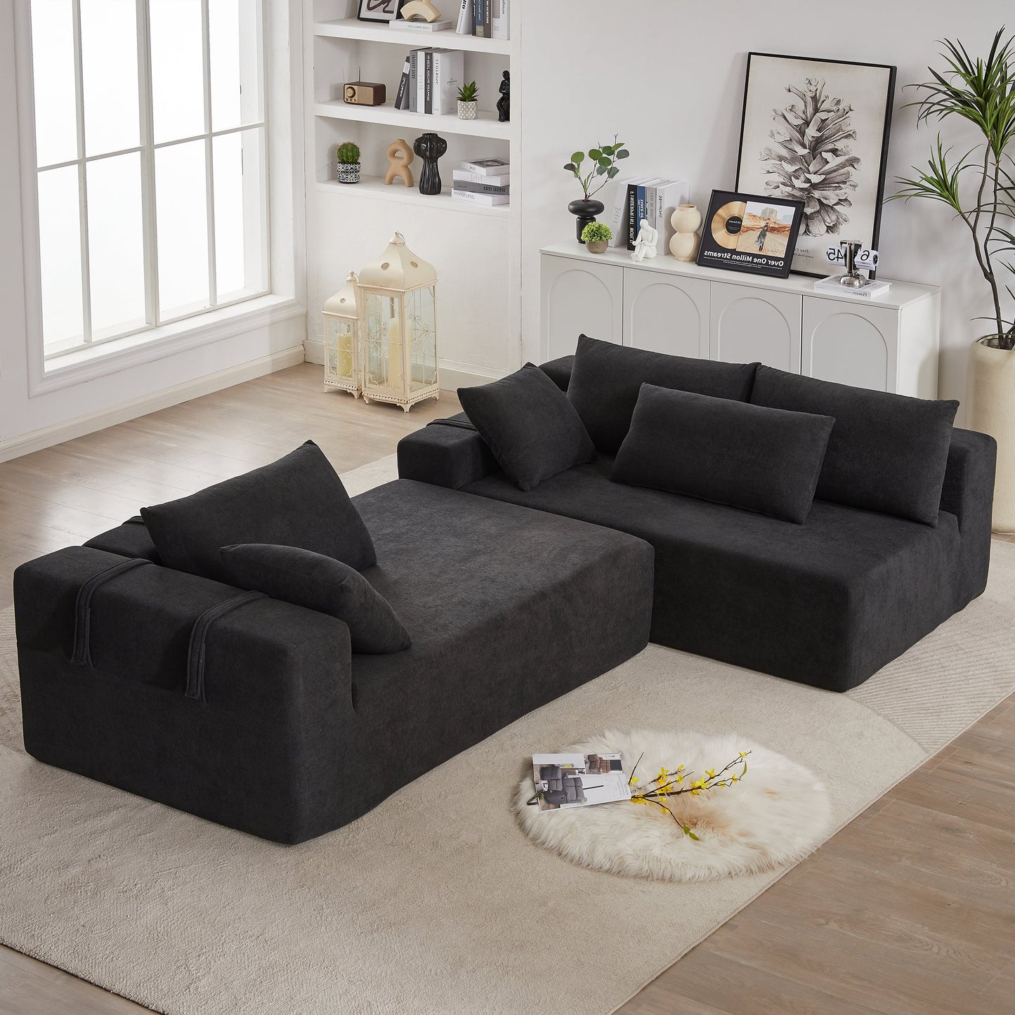 Modern Chenille Upholstered Sectional Sofa Couch Set,Modular 108' L Shaped Sectional Living Room Sofa Set With 6 Pillows