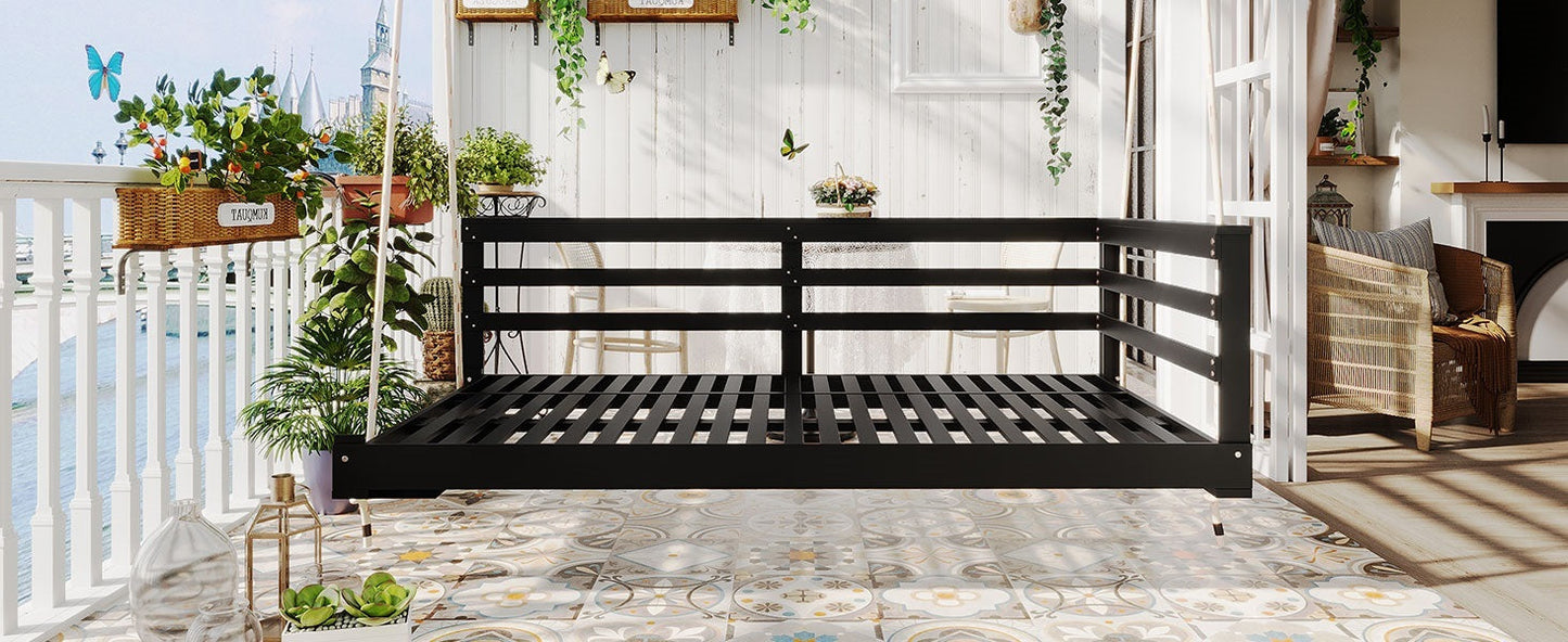 Country Patio Wooden Twin Size Swing Daybed Porch Swing Frame With 4pcs 96-Inch Hemp Ropes for Backyard, Garden, Black