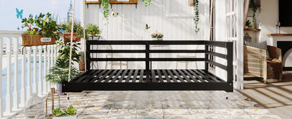 Country Patio Wooden Twin Size Swing Daybed Porch Swing Frame With 4pcs 96-Inch Hemp Ropes for Backyard, Garden, Black