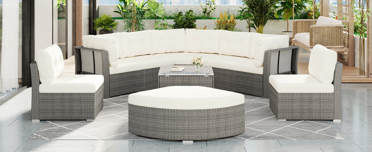 Patio Furniture Set Outdoor Daybed Rattan Sectional With Cushions and Center Table, Beige, Iron & Rattan, Multiple Sizes