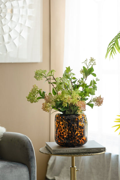 Brown and Amber Glass Vase With Cheetah Motif, Short, 7.9x7.9'