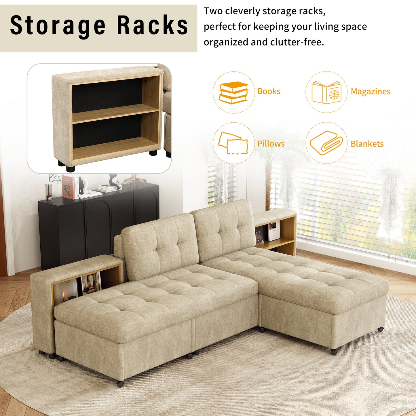 121.2' Versatile Sofa Bed Modular Sofa  Free-Combined Sofa With Two Storage Racks,  Brown