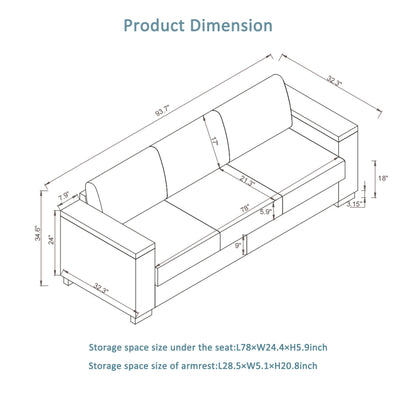 93.7' Modern Style Living Room Sofa Fabric Couch,Square Arm Sofa With Cup Holder,Storage Sofa,Upholstered Polyester Gree