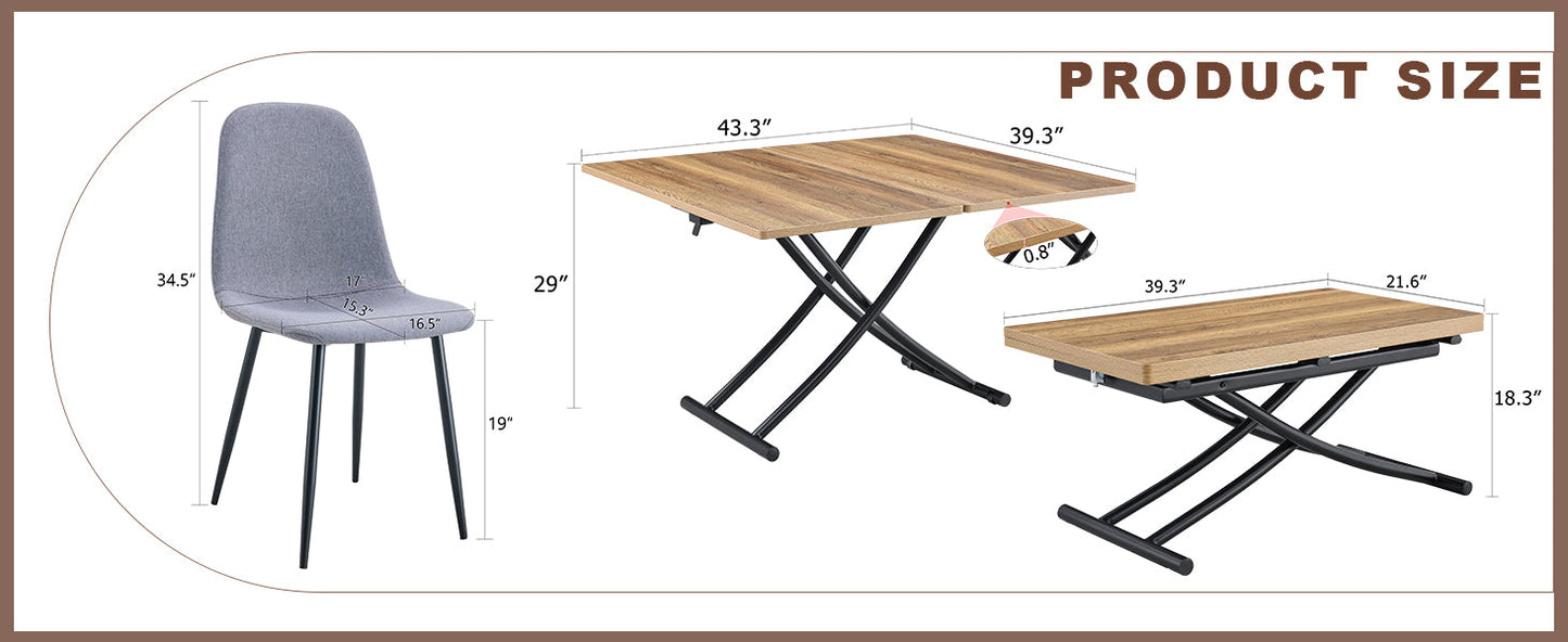 Table and Chair set.Modern Multifunctional Lifting Platform,Natural Wood Grain Sticker MDF Desktop, Black Metal Legs.Pai