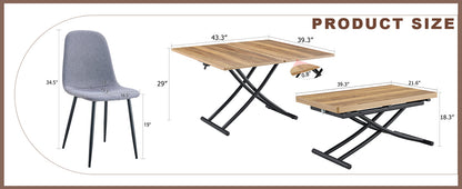Table and Chair set.Modern Multifunctional Lifting Platform,Natural Wood Grain Sticker MDF Desktop, Black Metal Legs.Pai