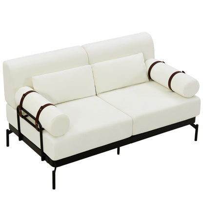 Modern Loveseat Sofa 59' Couch With Flexible USB Ports, Unique Cylindrical Armrests, Beige Chenille