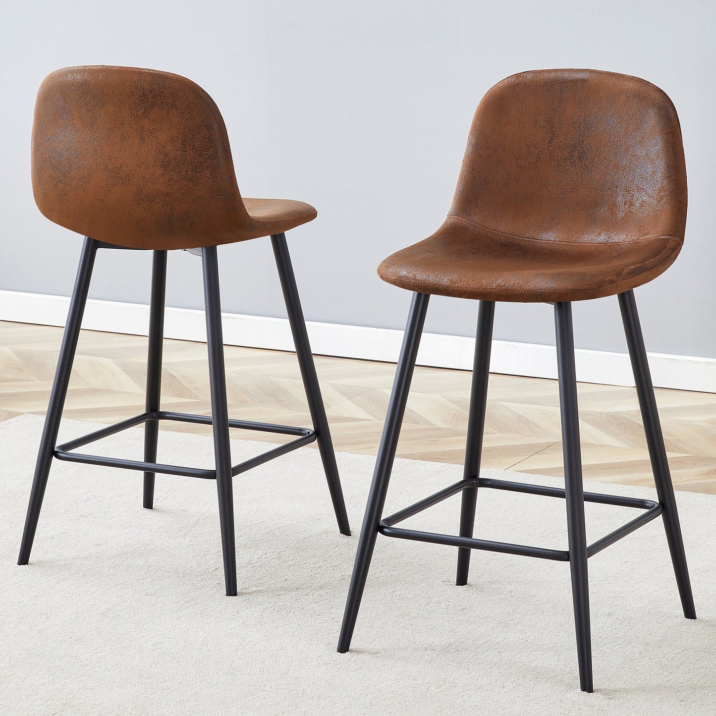 Brown Techno-Fabric Bar Chair Set - Two Pieces, Rounded Backrest, Black Metal Legs, Multiple Colors