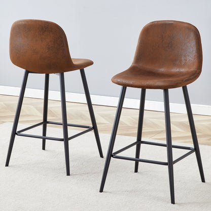 Brown Techno-Fabric Bar Chair Set - Two Pieces, Rounded Backrest, Black Metal Legs, Multiple Colors