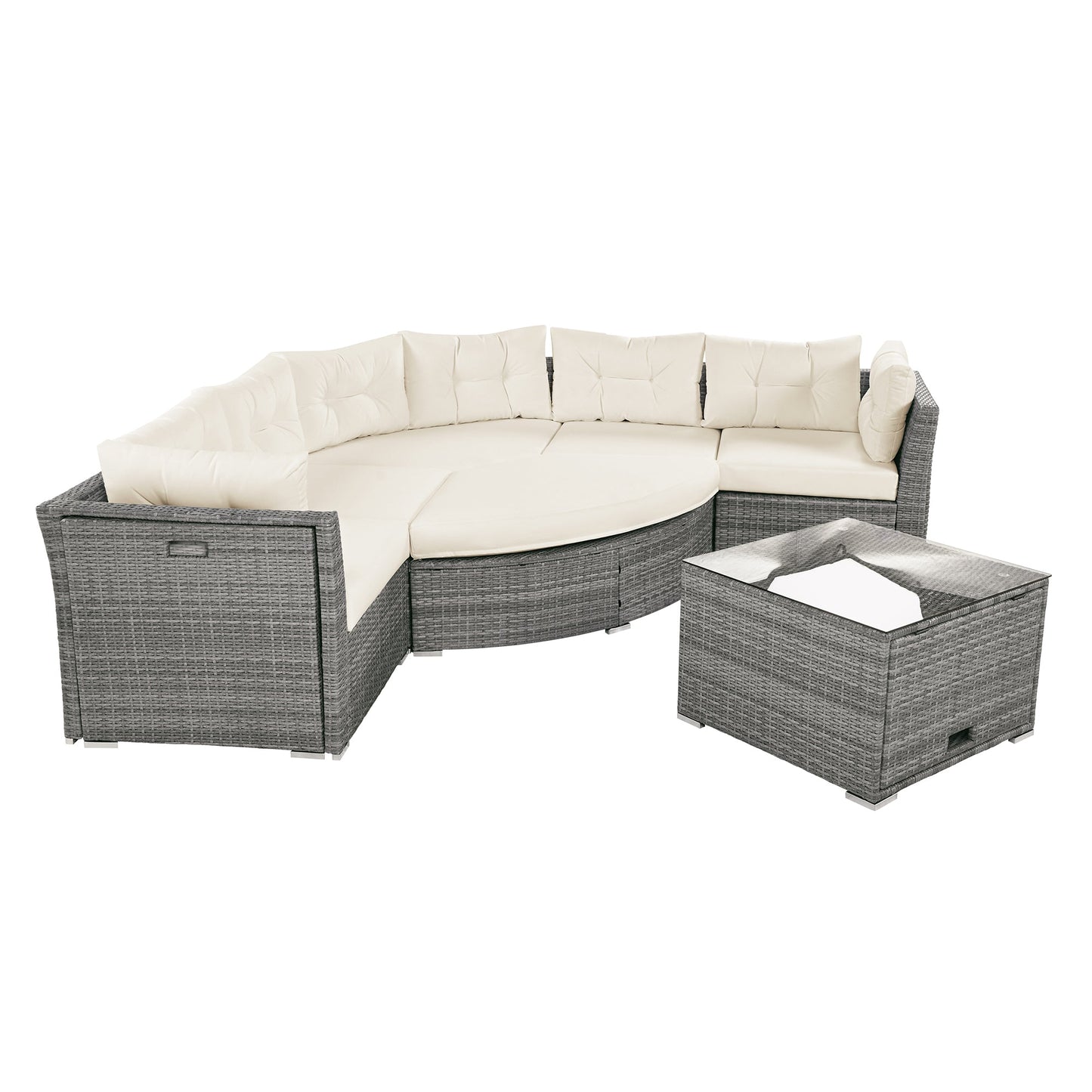 Patio Furniture Set Outdoor Daybed Rattan Sectional With Cushions and Center Table, Beige, Iron & Rattan, Multiple Sizes