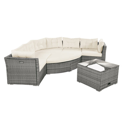 Patio Furniture Set Outdoor Daybed Rattan Sectional With Cushions and Center Table, Beige, Iron & Rattan, Multiple Sizes