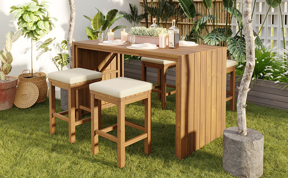 5 Piece Outdoor Bar Set, Patio Acacia Wood Bar Height Table & Four Stools With Cushions, Wood Dining Bar Set for Backyar