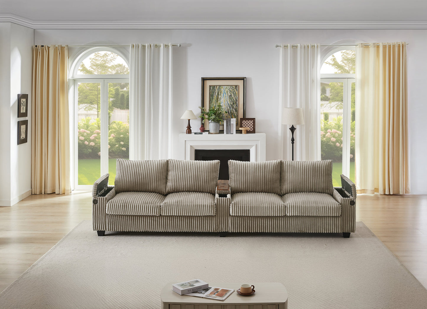 Modern 4-Seater Corduroy Sofa Couch With USB Ports, Hidden Storage Arms, and Flip-Top Cup Holders, Brown, 133 Inches