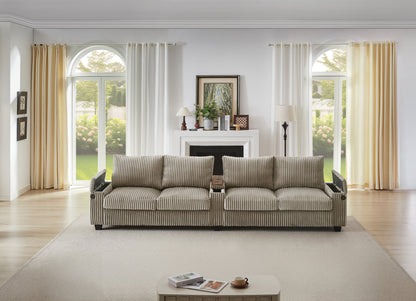 Modern 4-Seater Corduroy Sofa Couch With USB Ports, Hidden Storage Arms, and Flip-Top Cup Holders, Brown, 133 Inches
