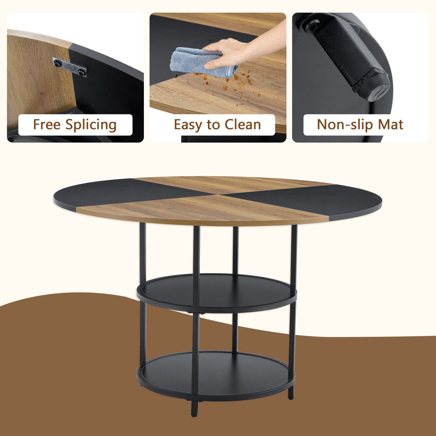Table and Chair set.A 47.3-Inch Diameter Modern Splicing Circular Dining Table - Double-Layer storage.Paired With 4 Blac