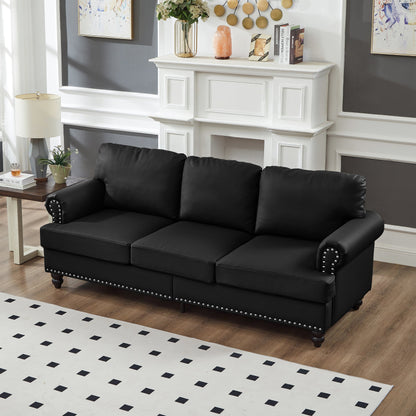 83' Modern Classic Design With Nails Living Room Sofa Leather Couch,Upholstered Imitation Cowhide Leather Black