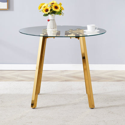 Modern Luxurious Round Tempered Glass Dining Table With Gold 7-Shaped Metal Legs,suitable for Family Meals, Office Confe