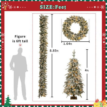 Pre-Lit Christmas Artificial Tree 4-Piece Set, Garland, Wreath and Set of 2 Entrance Trees, X-Mas With LED Lights, PVC F