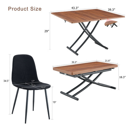 Table and Chair set.Modern Multifunctional Lifting Platform,Walnut Wood Grain Sticker MDF Desktop, Black Metal Legs.Pair