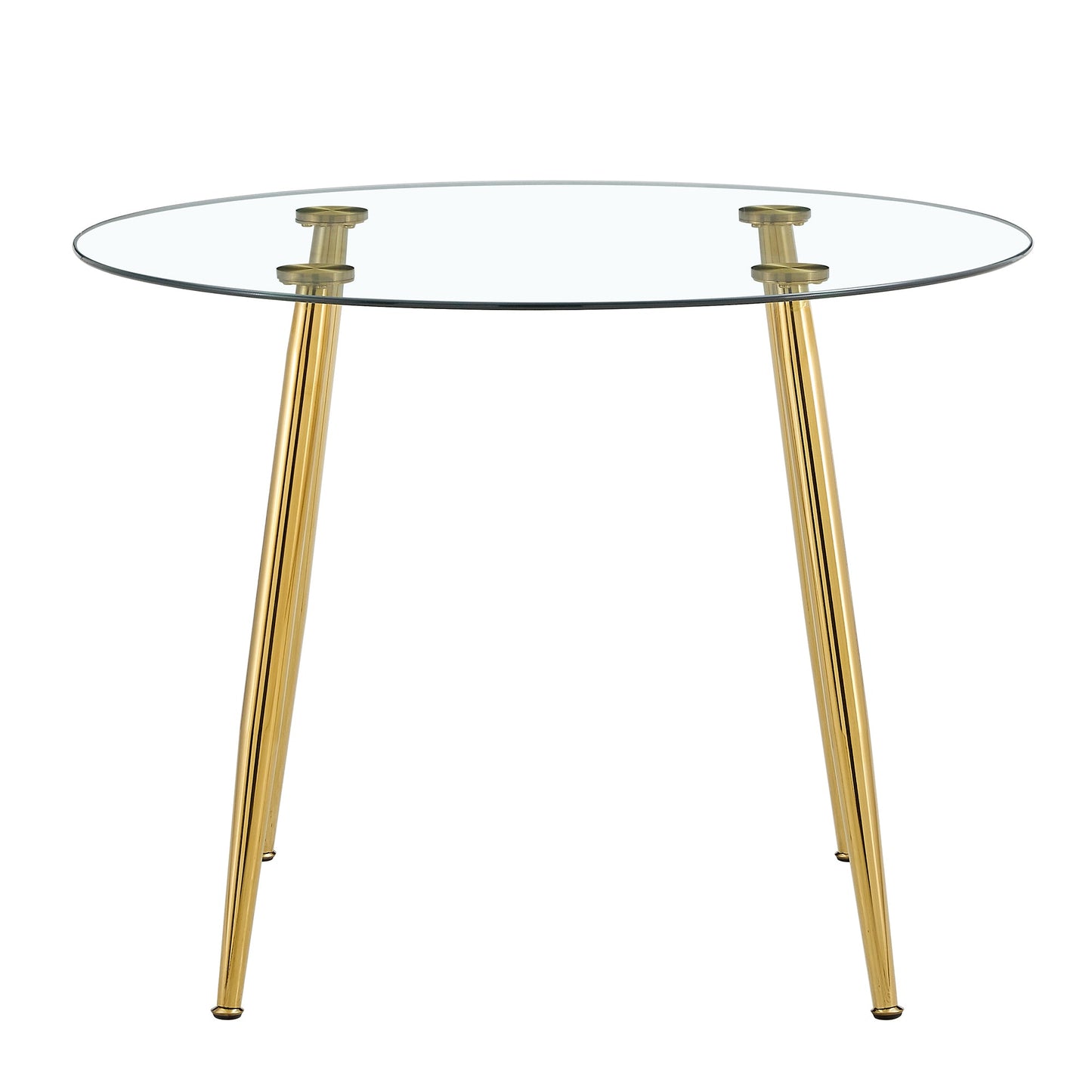 A Glass Tabletop With a Diameter of 40 Inches and a Modern Minimalist Circular Dining Table With Gold Plated Metal Legs.