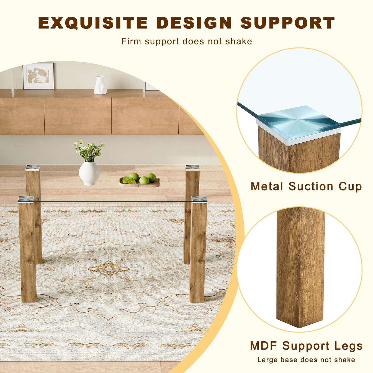 A 49.6 * 30 Inch Transparent Tempered Glass Dining Table With Rectangular Wood Color MDF Wood Grain Legs, Combining Simp