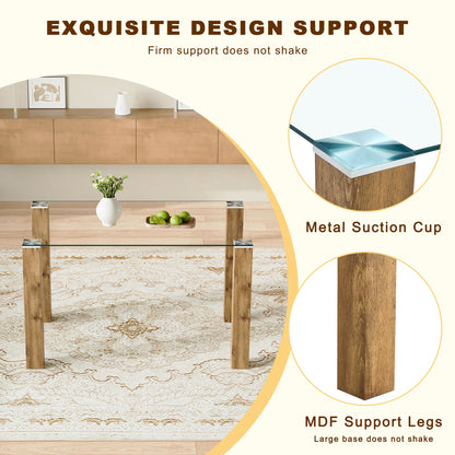 A 49.6 * 30 Inch Transparent Tempered Glass Dining Table With Rectangular Wood Color MDF Wood Grain Legs, Combining Simp