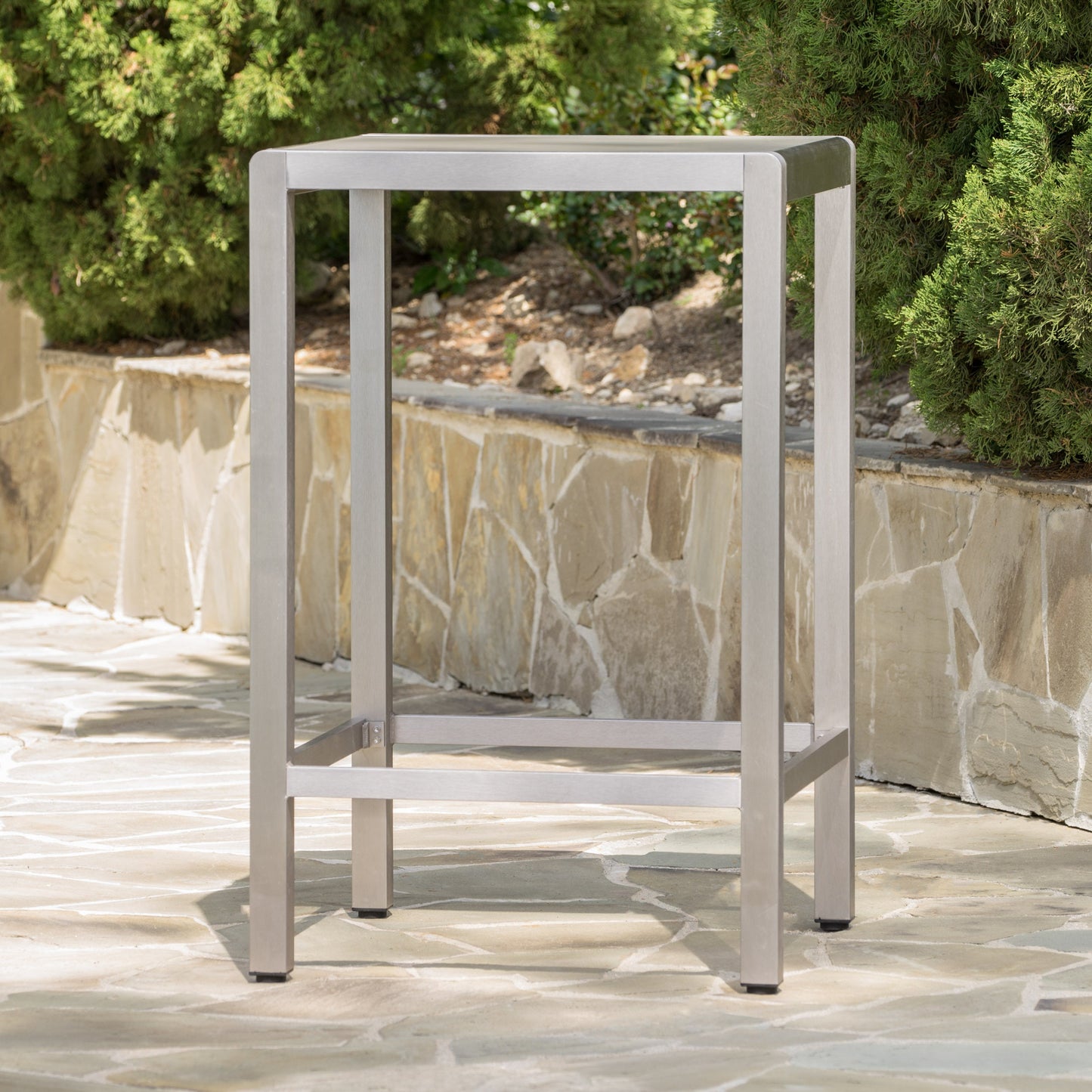 43' Outdoor Aluminum Frame Bar Table With Glass Table Top, Grey Finish