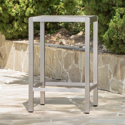 43' Outdoor Aluminum Frame Bar Table With Glass Table Top, Grey Finish