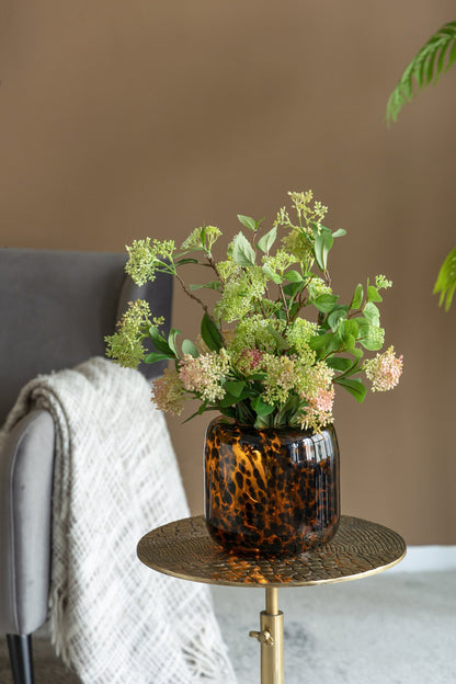Brown and Amber Glass Vase With Cheetah Motif, Short, 7.9x7.9'