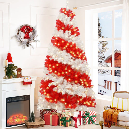 6ft Artificial Christmas Tree With 300 LED Lights and 900 Bendable Branches, Candy Cane Christmas Tree Holiday Decoratio