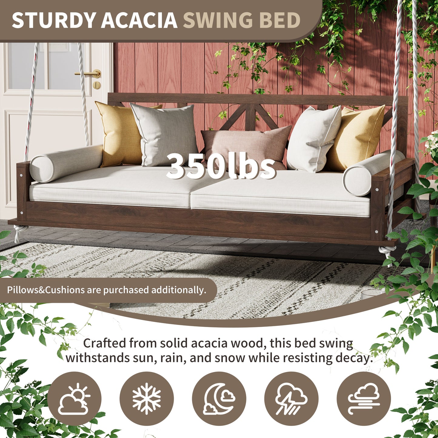 Acacia Wood Twin Size Patio Swing Bed Modern Porch Swing Hanging Bed Frame With 16.4ft Hemp Ropes for Garden,Backyard,Br