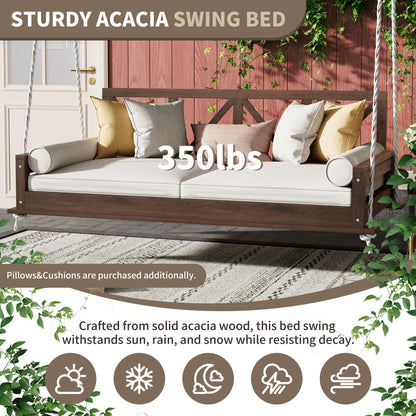 Acacia Wood Twin Size Patio Swing Bed Modern Porch Swing Hanging Bed Frame With 16.4ft Hemp Ropes for Garden,Backyard,Br