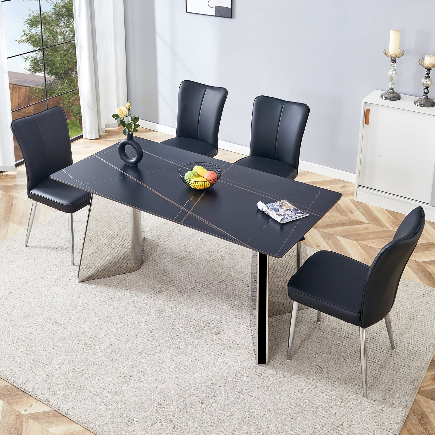 Table and Chair Set.63'x31.5x30' Black Marble-Patterned Slabs Tabletop With Stainless Steel Butterfly Legs.Paired With 4