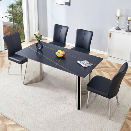 Table and Chair Set.63'x31.5x30' Black Marble-Patterned Slabs Tabletop With Stainless Steel Butterfly Legs.Paired With 4