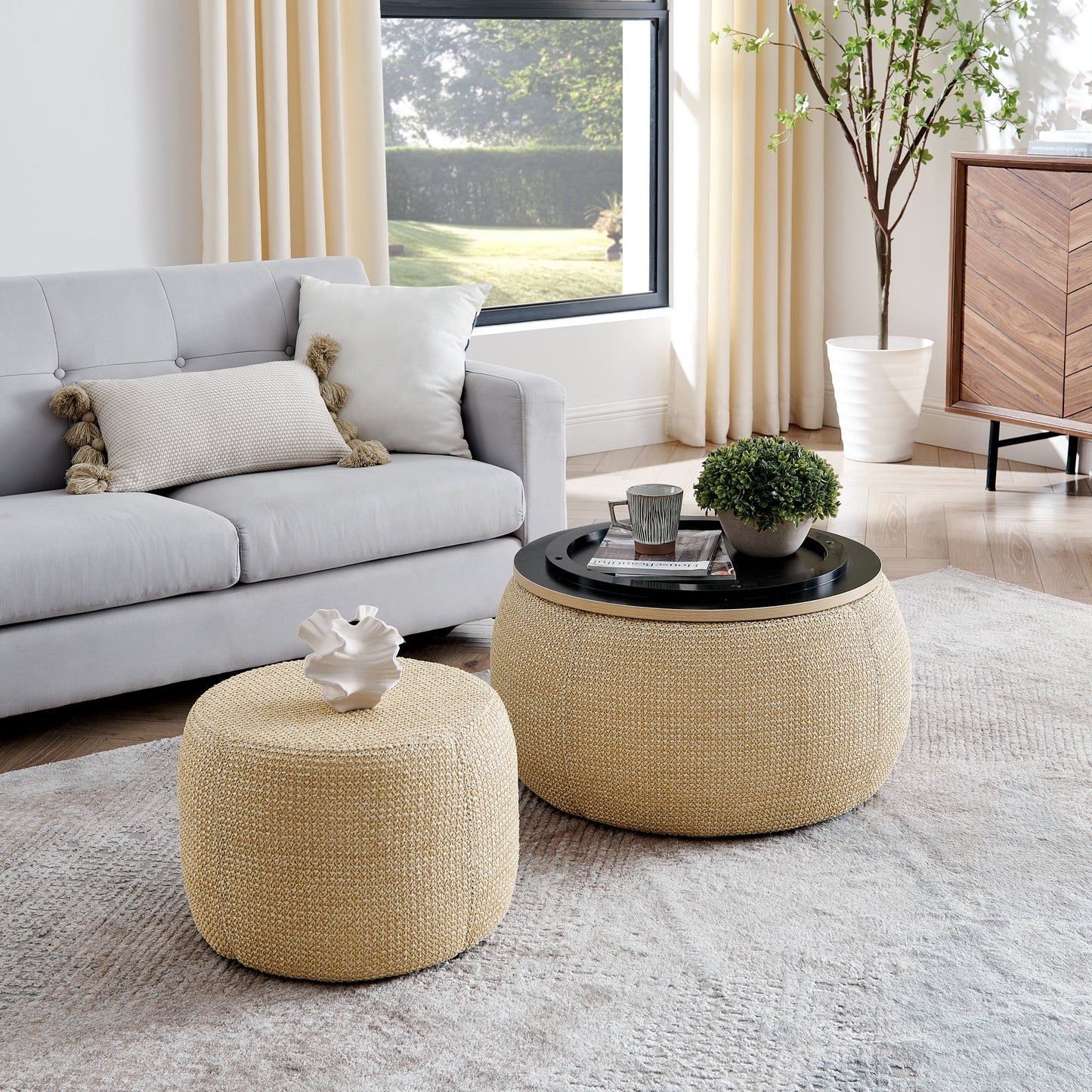 Round Storage Ottoman, Woven Rattan Fabric Ottoman, 2 in 1 Function, Work as End Table and Ottoman,with Small Seat-Natur