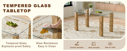 A 49.6 * 30 Inch Transparent Tempered Glass Dining Table With Rectangular Wood Color MDF Wood Grain Legs, Combining Simp