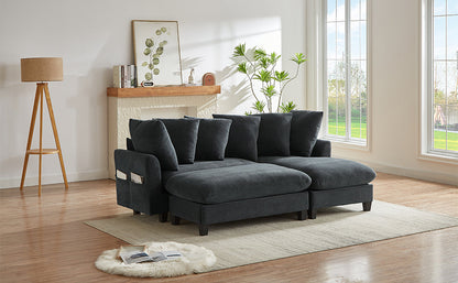 Black Upholstered 83' L-Shaped Sectional Sofa With Storage, Movable Ottoman, and Six Throw Pillows
