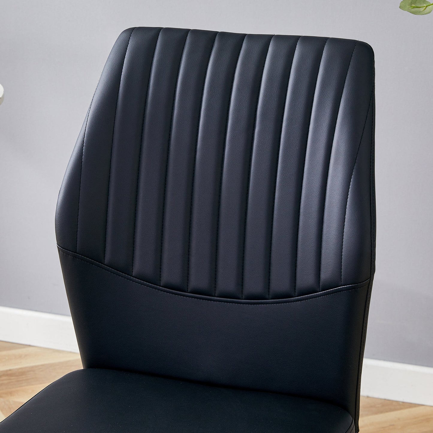 Table and Chair set.A 38.6' Transparent Tempered Glass Round Dining Table-Silver Metal Legs.Paired With 6 BLACK PU Mater