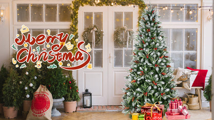 7FT Christmas Tree With 2178 Tips, Red Berries & Pine Cones – Snow-Dusted PE+PVC Branches, Hinged Design for Easy Setup,