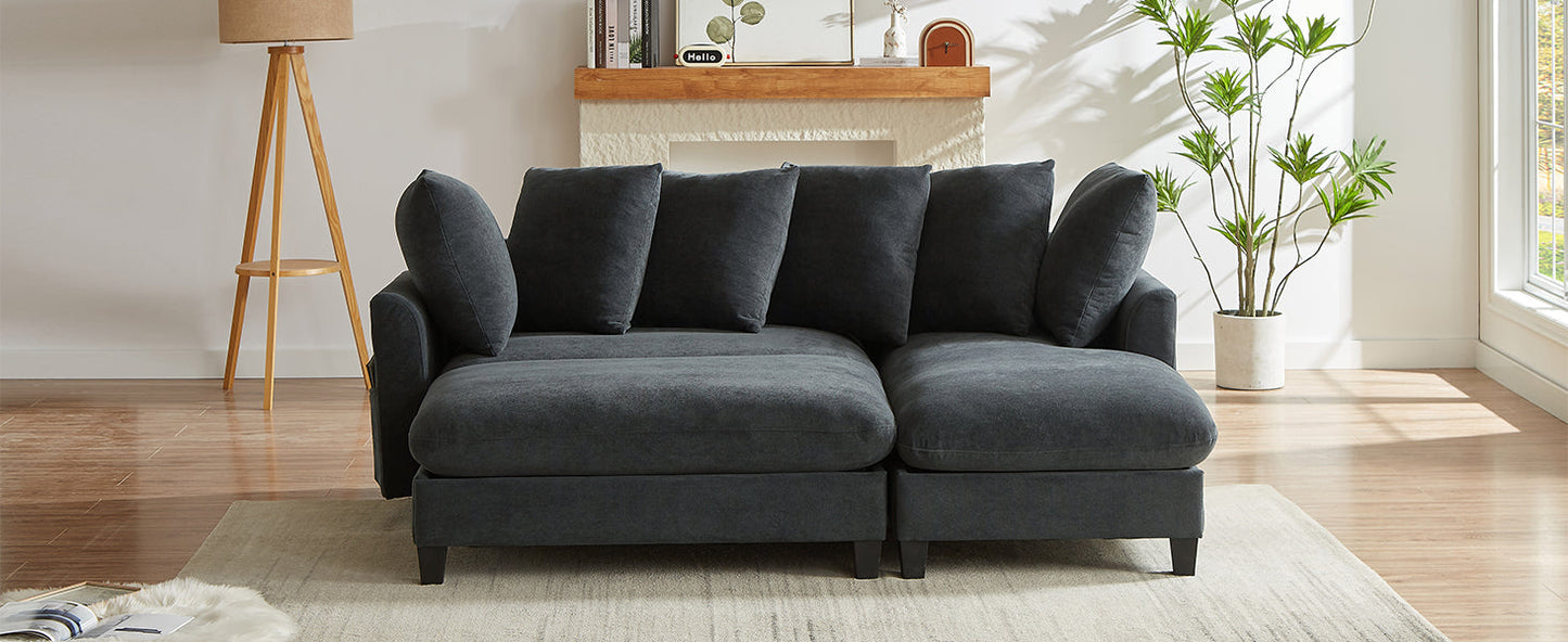 Black Upholstered 83' L-Shaped Sectional Sofa With Storage, Movable Ottoman, and Six Throw Pillows