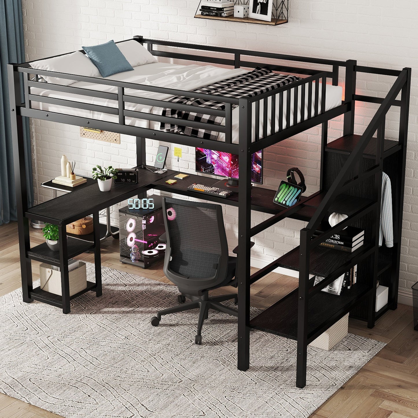 Metal Full Loft Bed With Wardrobe and LED Light, Full Size Loft Bed With L Shaped Desk and USB for Kids Teens Adults, Bl