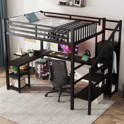 Metal Full Loft Bed With Wardrobe and LED Light, Full Size Loft Bed With L Shaped Desk and USB for Kids Teens Adults, Bl