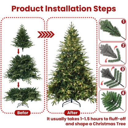 5ft Pre-Lit Artificial Christmas Tree With 300 Warm White Incandescent Lights, 1419 Tips, PE+PVC Hinged Pine With Partia