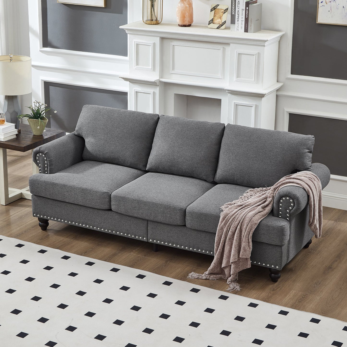 Modern Classic Design With Nails Living Room 2+3 Seater Sofa Fabric Couch,Upholstered Polyester Grey.