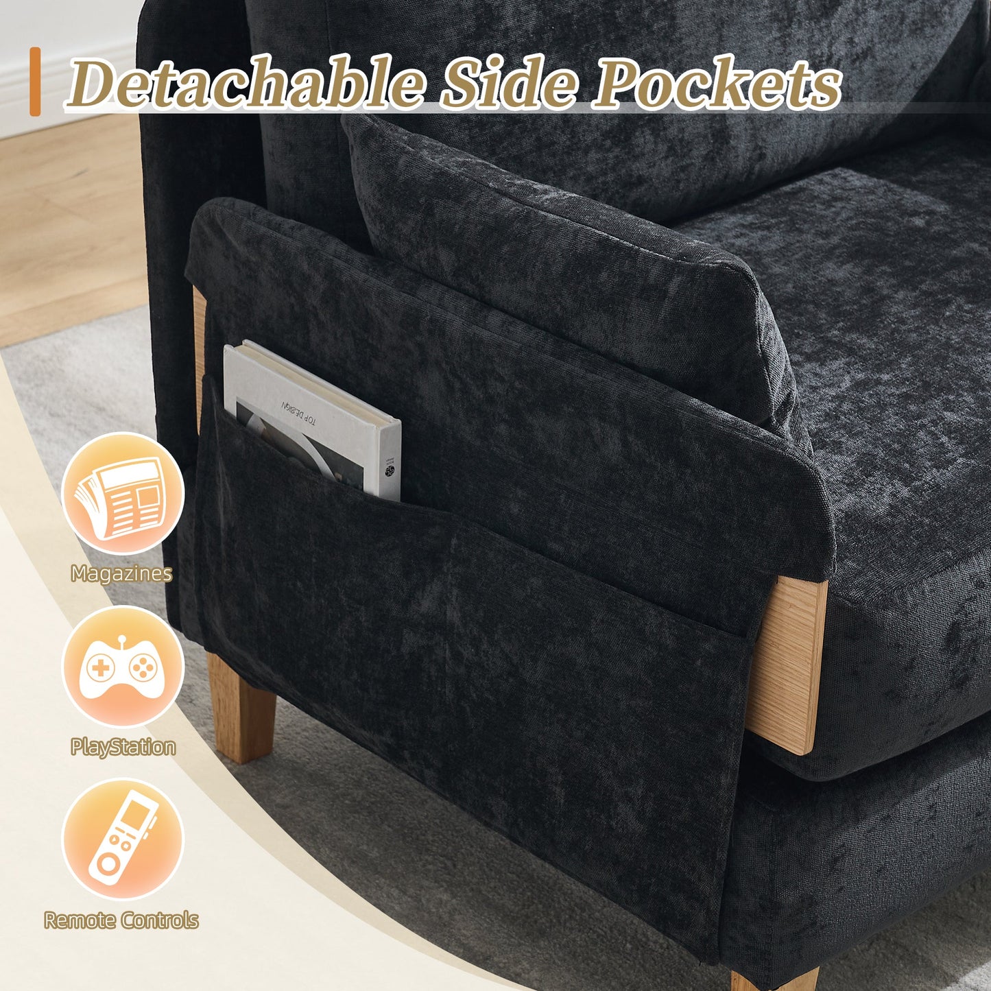 Mid-Century Modern Foldable Sofa Bed Recliner, 3-In-1 Convertible Sleeper With Three Pillows, Black Chenille for Small S