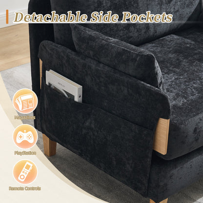 Mid-Century Modern Foldable Sofa Bed Recliner, 3-In-1 Convertible Sleeper With Three Pillows, Black Chenille for Small S